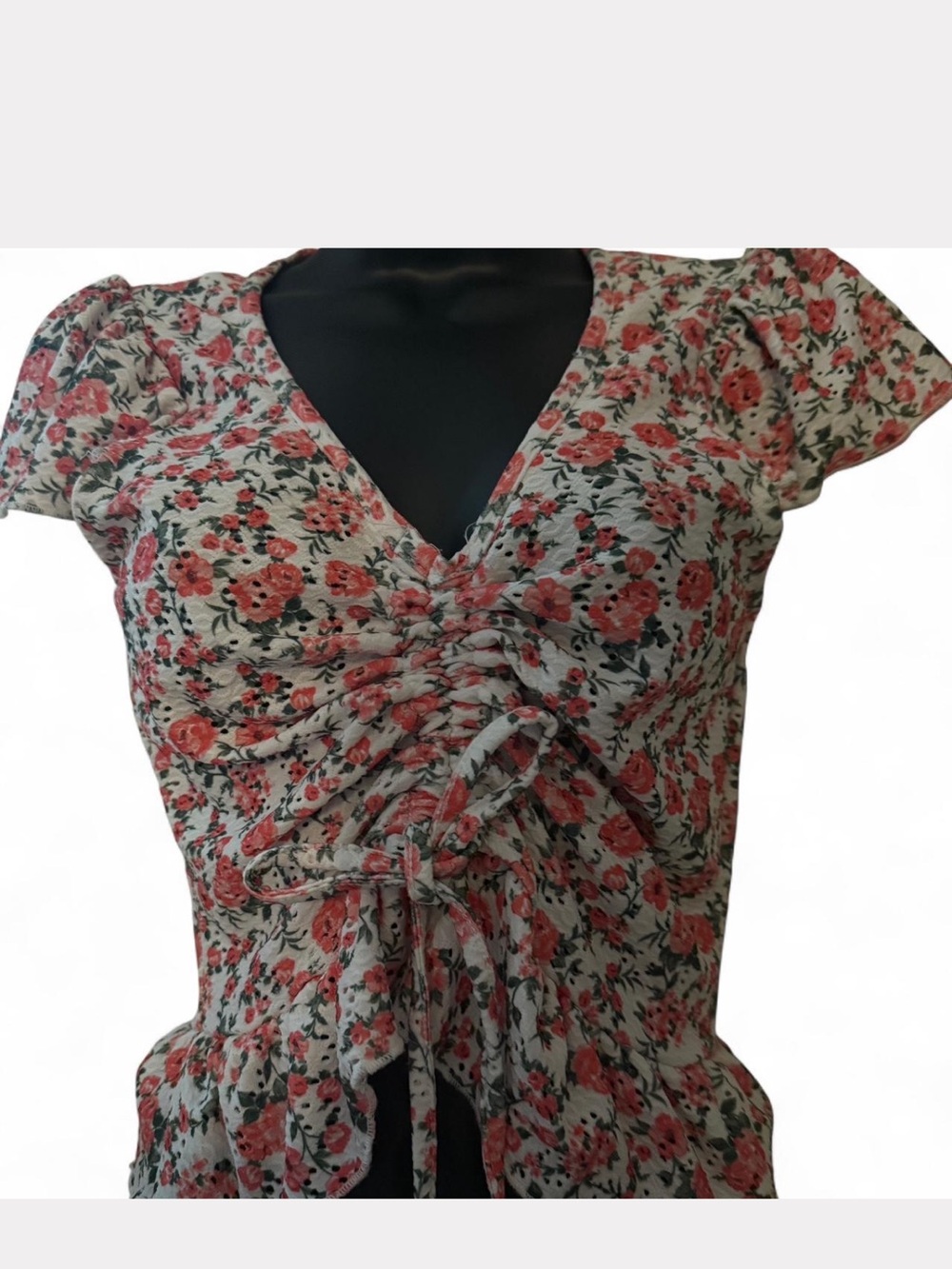 Wish White Eyelet Knit Blouse with Coral Accents